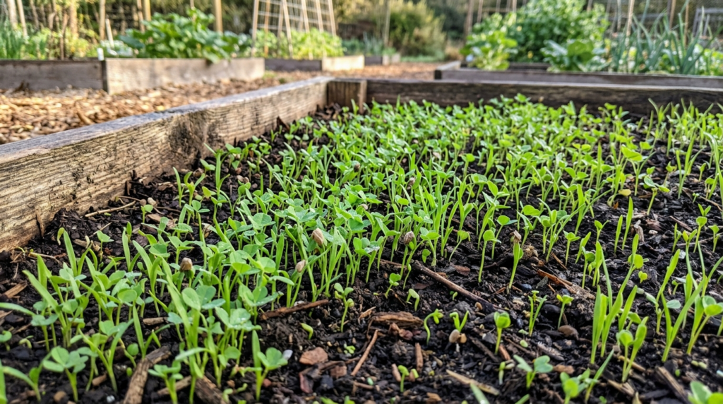 green cover crop seedlings growing in a vegetable garden bed