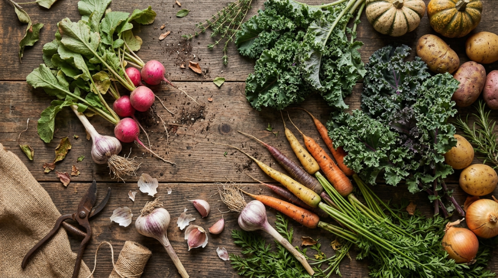 flat-lay of a mixed fall harvest on a wooden table with radishes, kale, carrots, and garlic