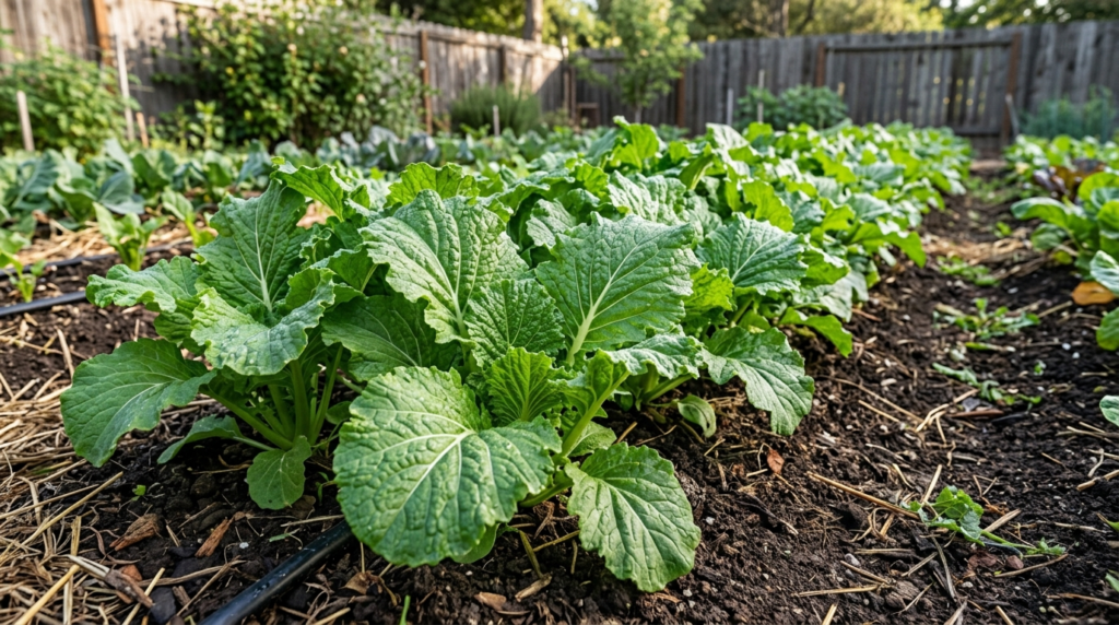  mustard greens growing in a garden row