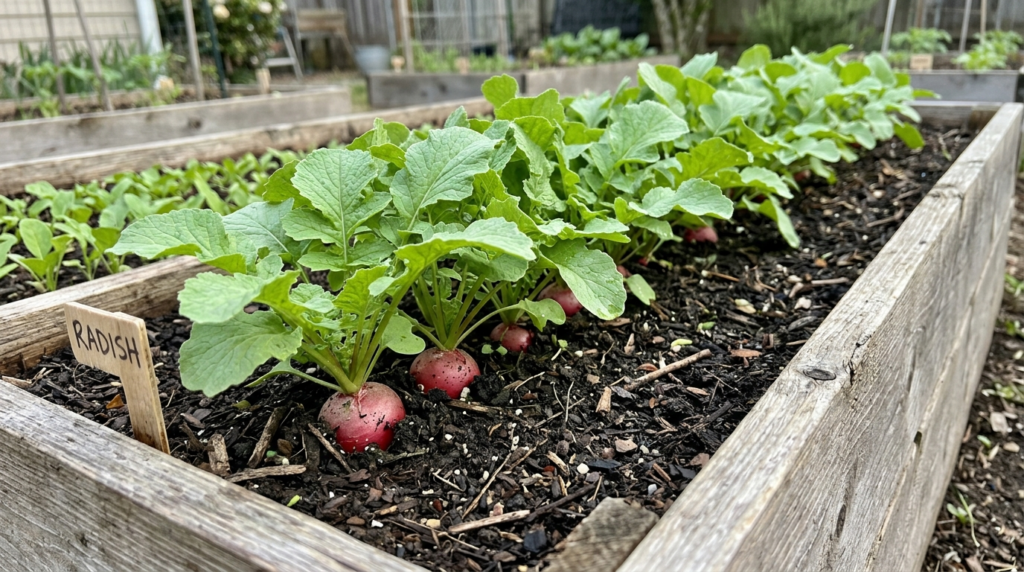 Radishes growing in a raised bed garden row