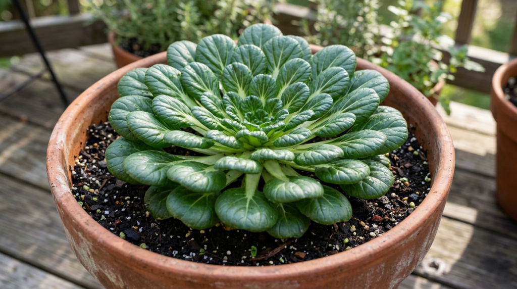 tatsoi rosette growing in a container