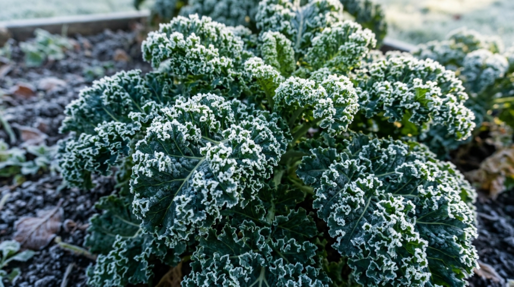 curly kale with a light frost on the leaves]