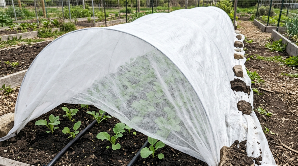 white row cover over a bed of young brassica seedlings