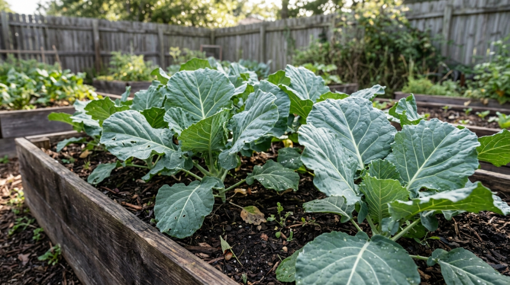  collard greens growing in a garden bed