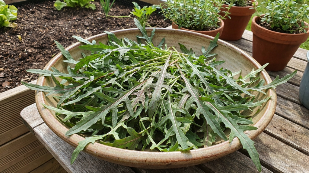 deeply serrated arugula leaves in a wide shallow container