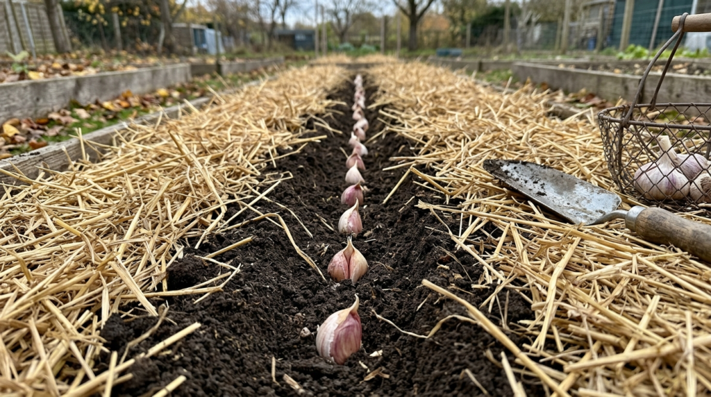 garlic cloves planted in a row with straw mulch
