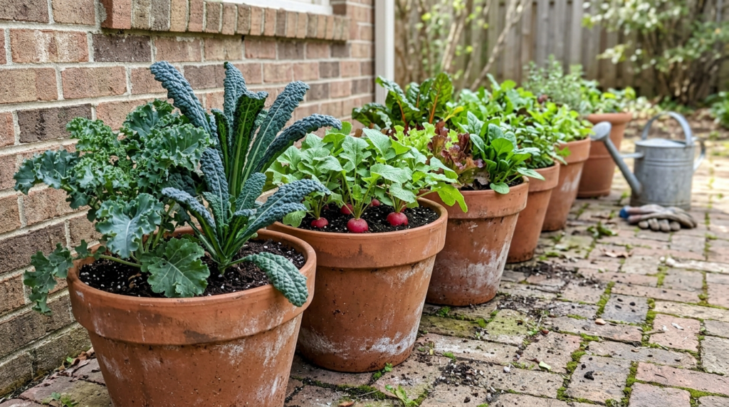 row of terracotta pots on a patio with leafy greens, radishes, and kale