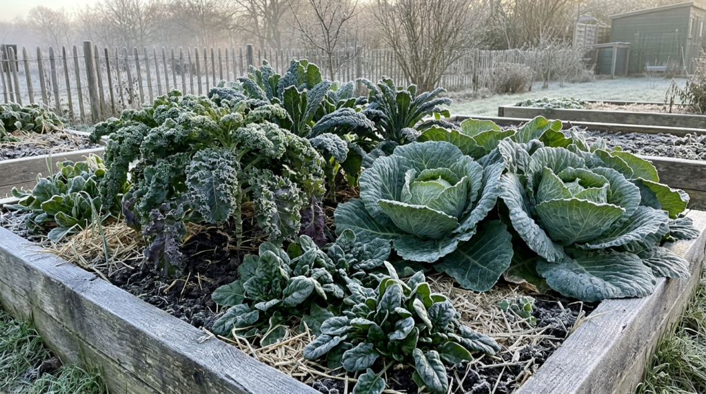 Winter vegetable garden bed with kale, spinach and cabbage growing in cool morning light