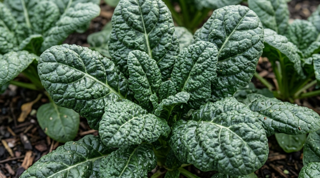 Close-up of Bloomsdale Long Standing spinach showing thick, crinkled dark leaves