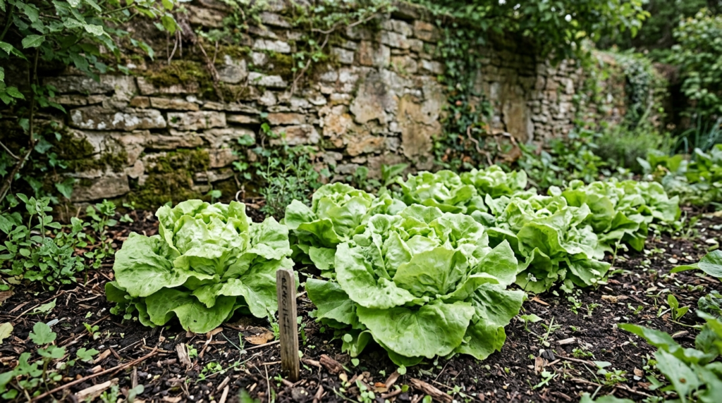 Arctic King butterhead lettuce growing near a garden wall