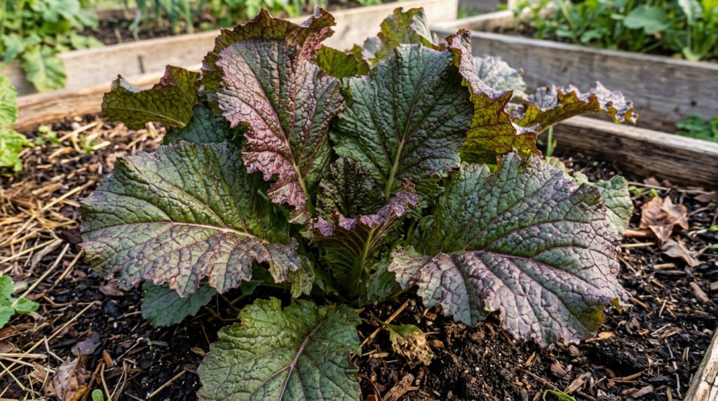 Red Giant mustard greens with burgundy-tinged leaves