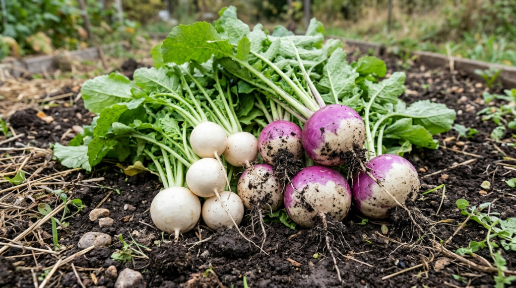 Hakurei and Purple Top White Globe turnips pulled from the soil with greens attached