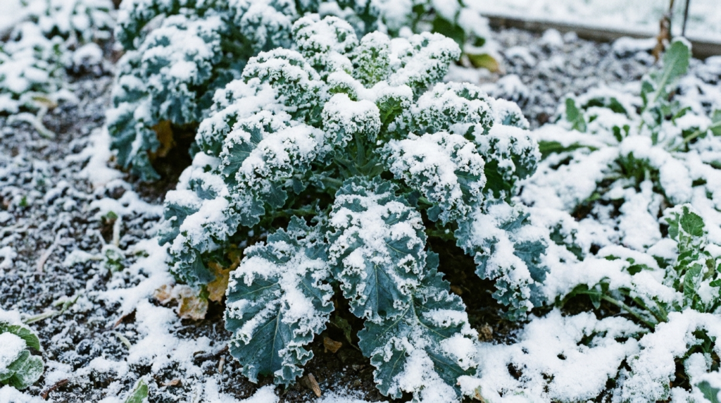  dwarf Siberian kale with ruffled blue-green leaves partially covered in snow