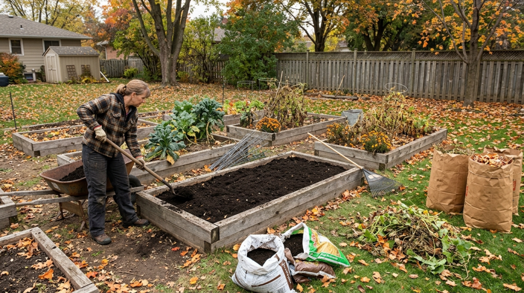 backyard vegetable garden in autumn with raised beds being prepped