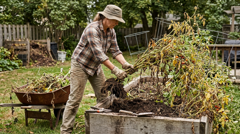gardener pulling out old tomato plants from a raised bed