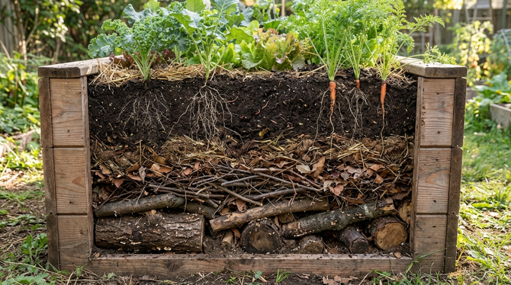 cross-section of a raised bed showing logs, leaves, soil, and compost layers