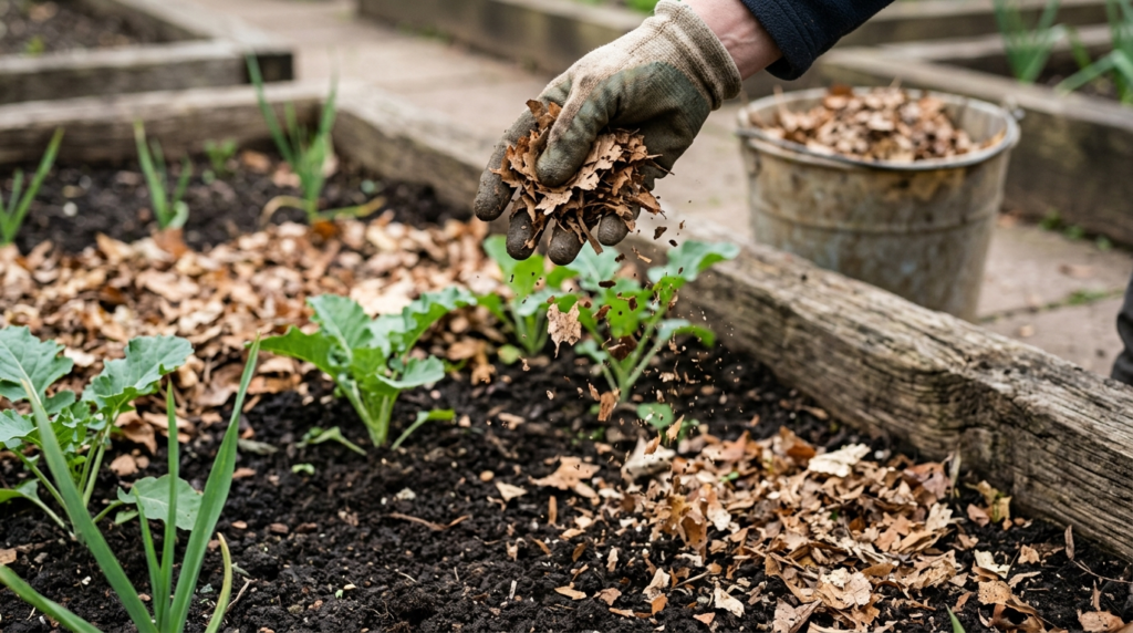 hand spreading shredded leaves over a vegetable garden bed